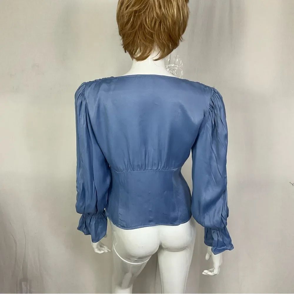 ZARA Purple/ Blue Silky Satin Long Puff Sleeves Button Front Crop Top M - Picture 10 of 10